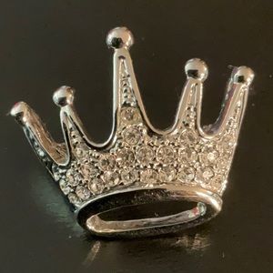 Brooch Pin - Crown - Royalty - Tiara - White Rhinestones - Silver Tone